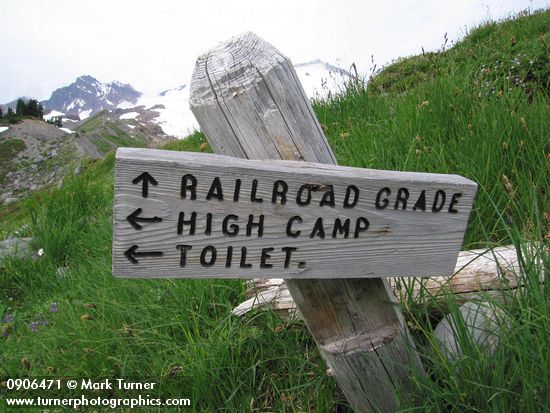 Railroad Grade trail sign in Showy Sedge meadow w/ Mt. Baker bkgnd