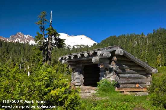 Mazama Park shelter w/ Mountain Hemlocks, Yellow Cedars, view to Mt. Baker