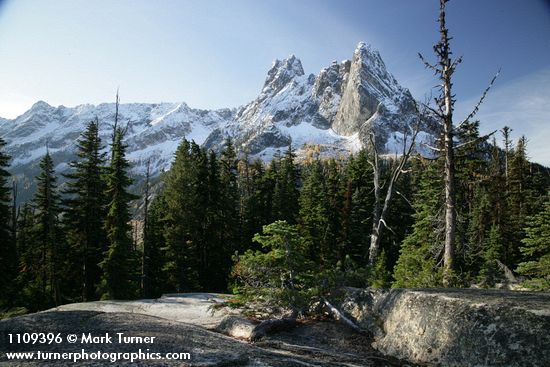 Early Winter Spires & Liberty Bell framed by conifer forest