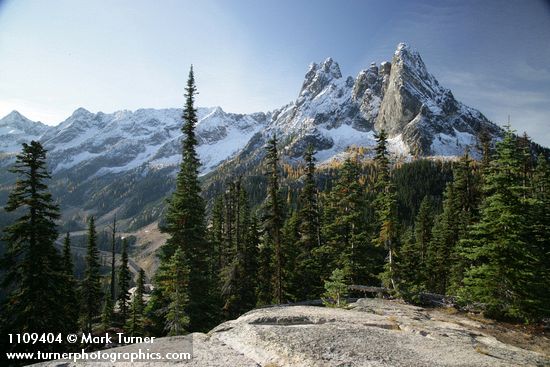 Early Winter Spires & Liberty Bell w/ Subalpine Larches turning golden ,framed by Subalpine Firs